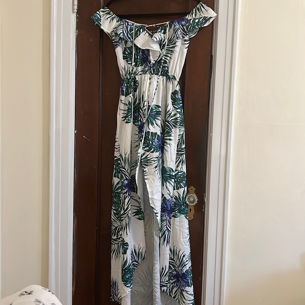 Tropical Off the Shoulder Dress with Criss Cross Front and Shorts.